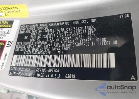 2009 Toyota Venza Base V6 из США, поврежденный, VIN 4T3ZK11A59U003046